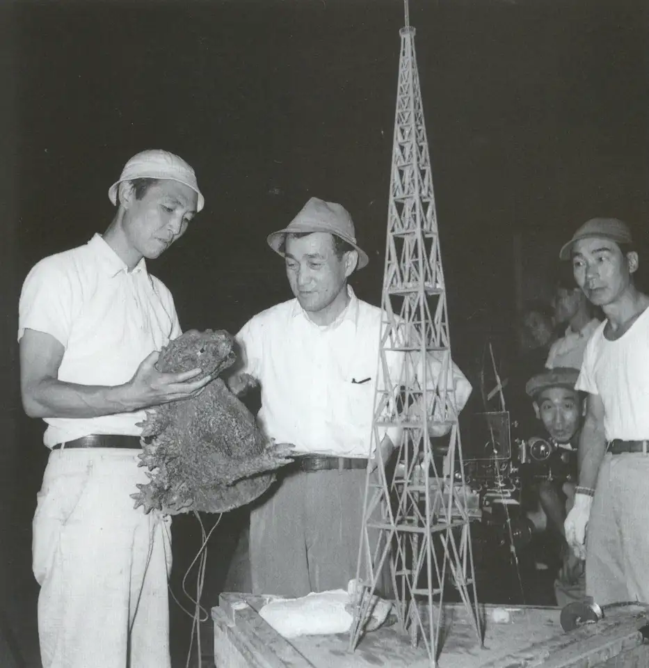Ishiro Honda holding Godzilla puppet with Eiji Tsuburaya during the making of Godzilla (1954)