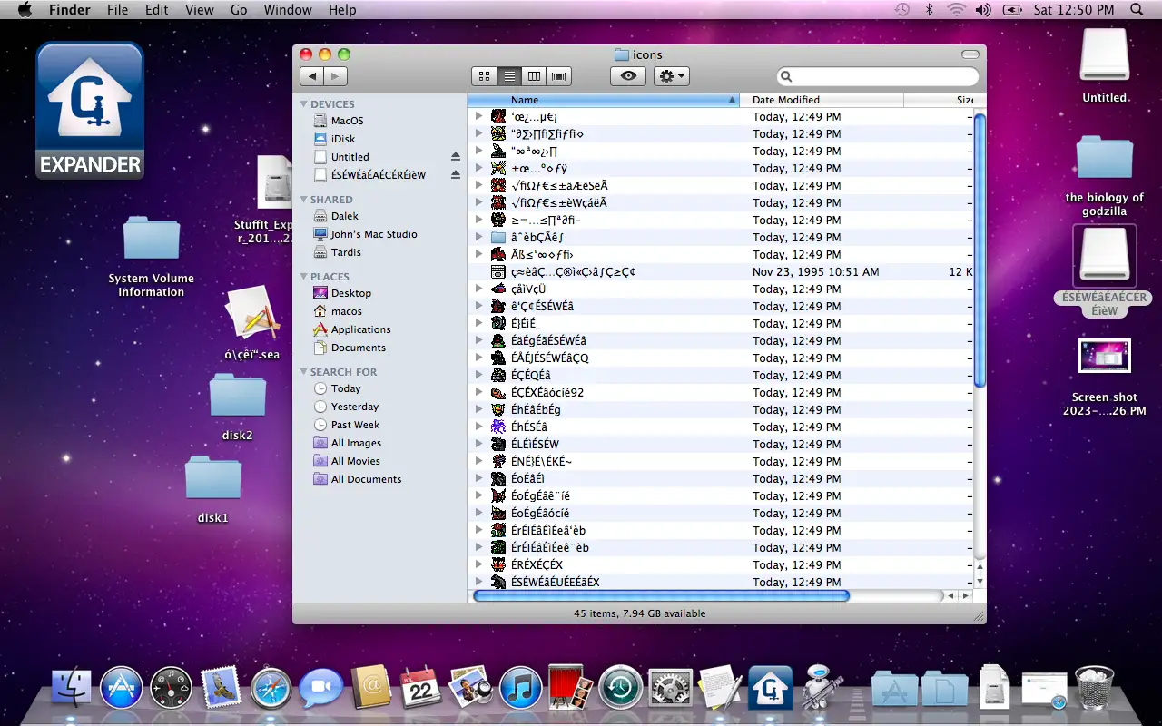 Godzilla icons directory on MacBook screen