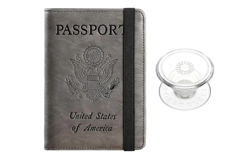 Passport wallet and PopSockets PopGrip