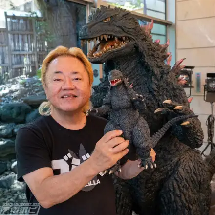 Shinichi Wakasa with the X-Plus Super Toho 30cm Godzilla (1999) at Cafe Donguri in Setagaya Literary Museum